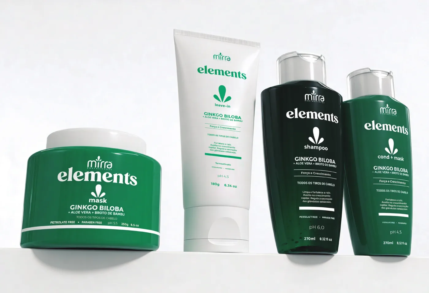 Linha Elements Ginkgo Biloba da Mirra Professional: máscara, leave-in, shampoo e condicionador